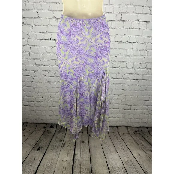 VTG I.C.E. Purple Green 100% Silk Chiffon Floral Beaded Flowy Maxi Long Skirt M - Picture 2 of 13